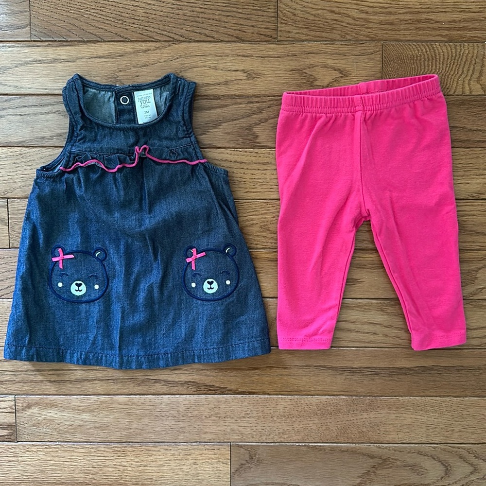 🧸CARTER’S Dress & Leggings blue pink girls 3 months teddy bear EUC